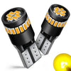 A pair of Canbus Error-Free T10 LED bulbs with orange and white light, shown next to a bare LED bulb.