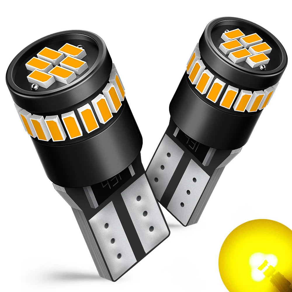 A pair of Canbus Error-Free T10 LED bulbs with orange and white light, shown next to a bare LED bulb.