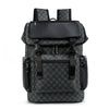 A black patterned backpack with gray accents and multiple compartments.