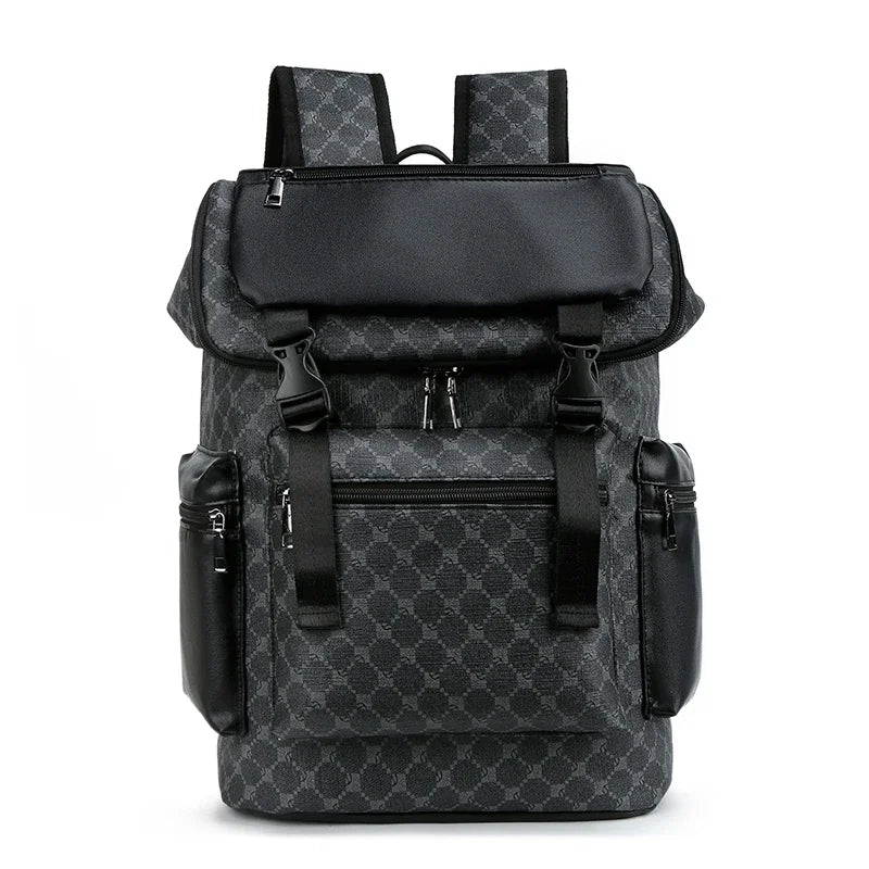 A black patterned backpack with gray accents and multiple compartments.