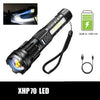 A black tactical LED flashlight with a zoom feature and battery display, shown next to its charging cable.