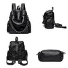Black elegant riveted soft leather backpack shown in multiple views
