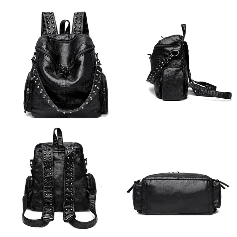 Black elegant riveted soft leather backpack shown in multiple views