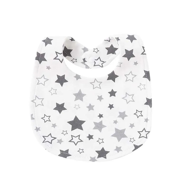 A pack of white baby bibs featuring cute star cartoon prints.