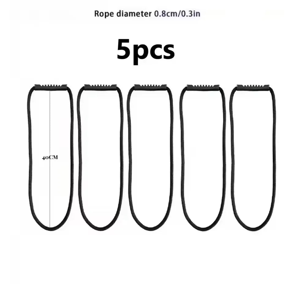 Five heavy-duty hook and loop storage straps with handles, 0.8cm/0.3in diameter each.