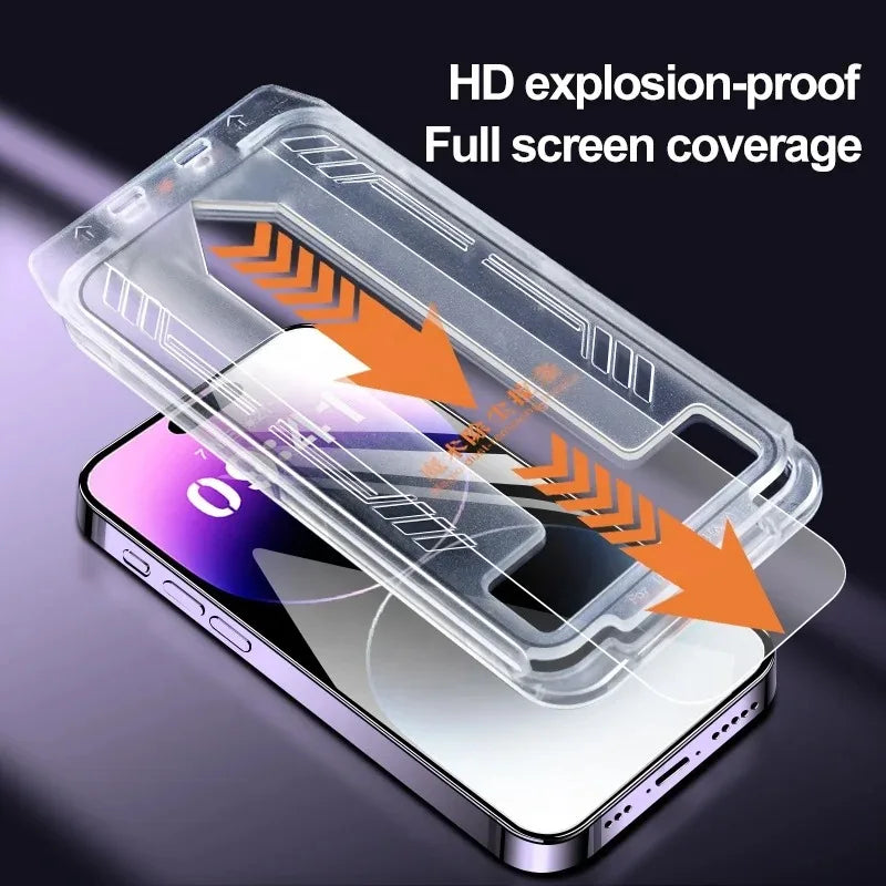 A clear HD explosion-proof screen protector is shown covering an iPhone screen.