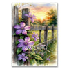 A watercolor painting of purple hydrangeas growing among a wooden fence and greenery.