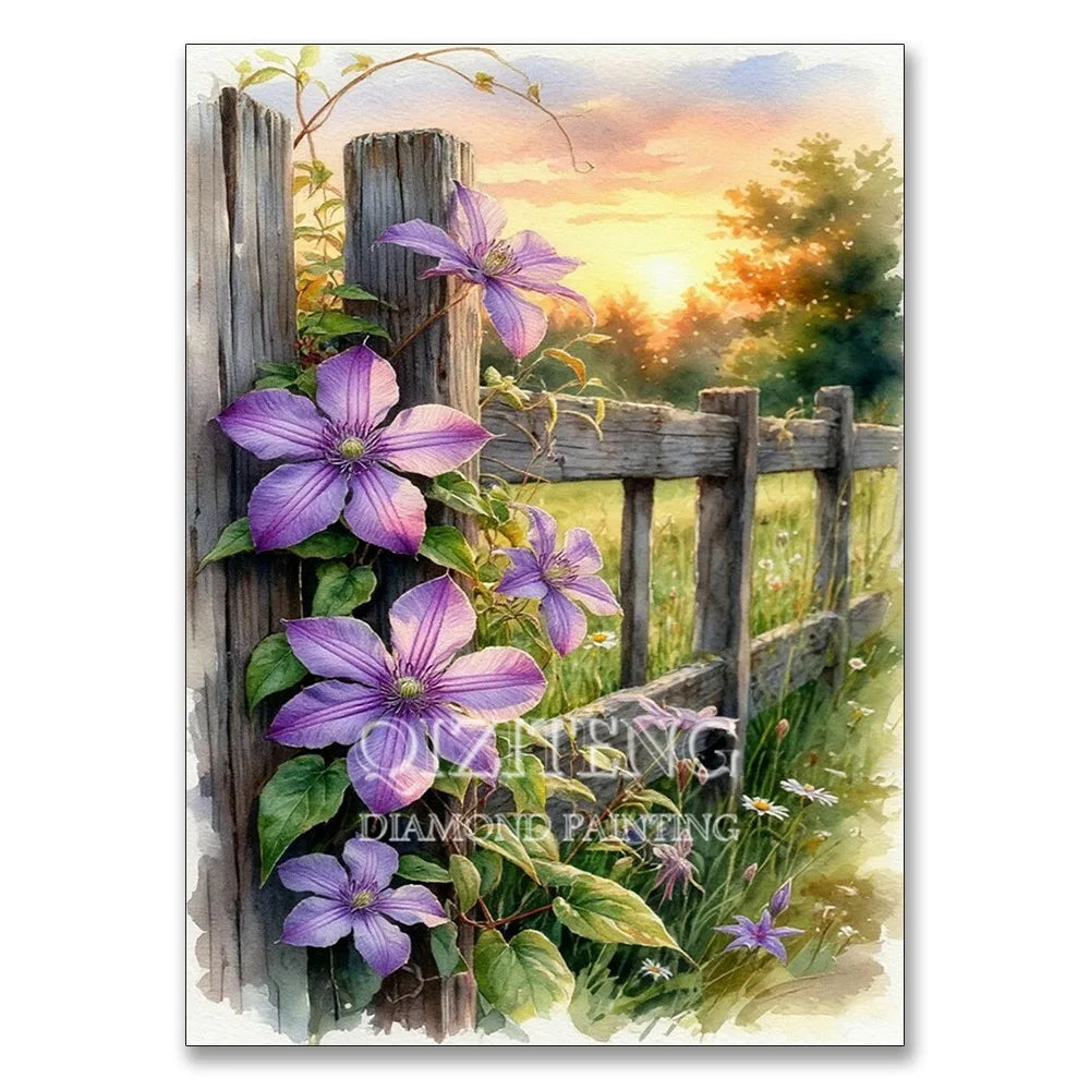 A watercolor painting of purple hydrangeas growing among a wooden fence and greenery.