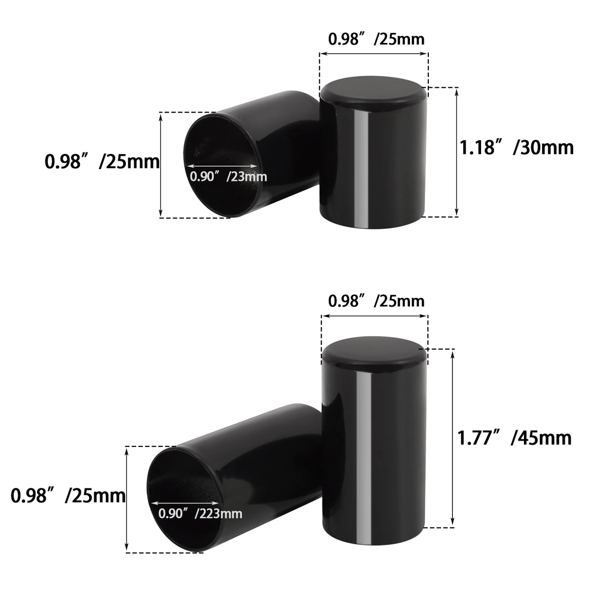 Black magnetic docking hardware cover kit showing various sizes and dimensions of cylindrical components.