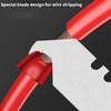 A close-up of a red wire stripping horn blade being used on a silver utility blade.