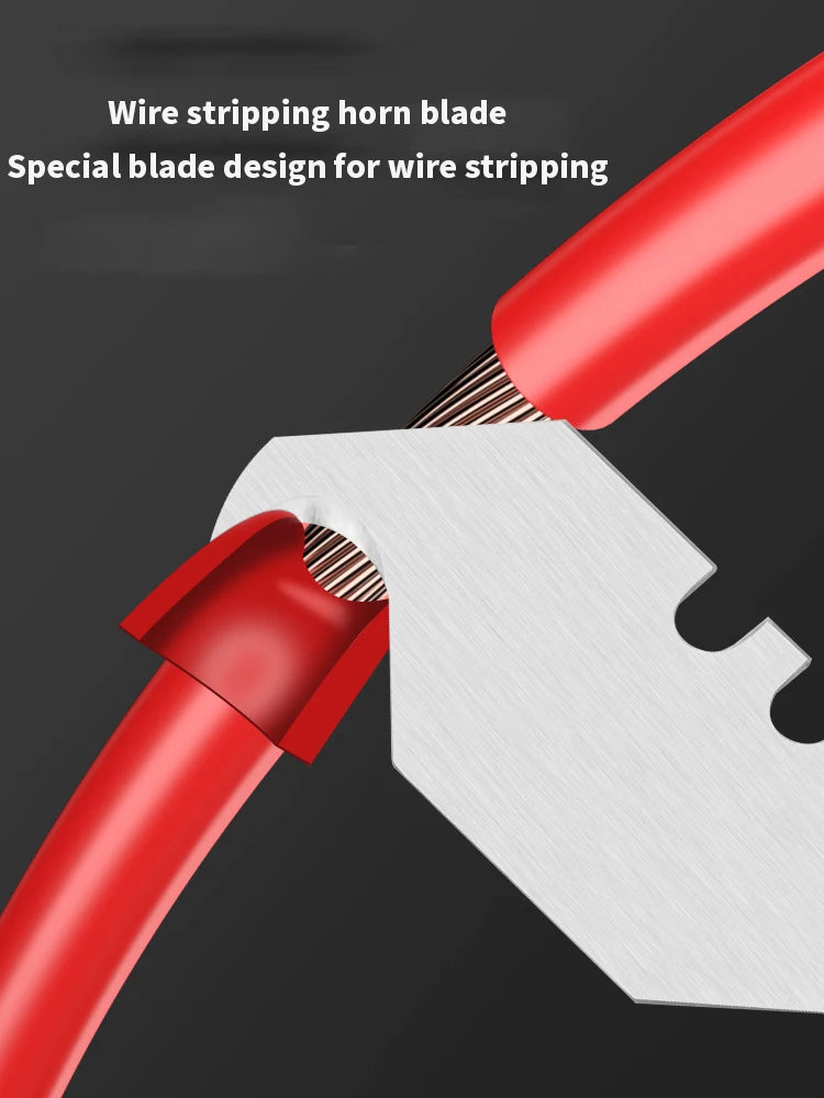 A close-up of a red wire stripping horn blade being used on a silver utility blade.
