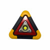 A triangular warning light with a yellow border and red lens, featuring a central flashlight element.