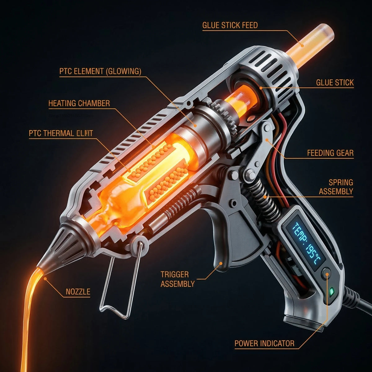 A close-up view of a compact hot melt glue gun showing its internal components and features like the heating chamber and nozz