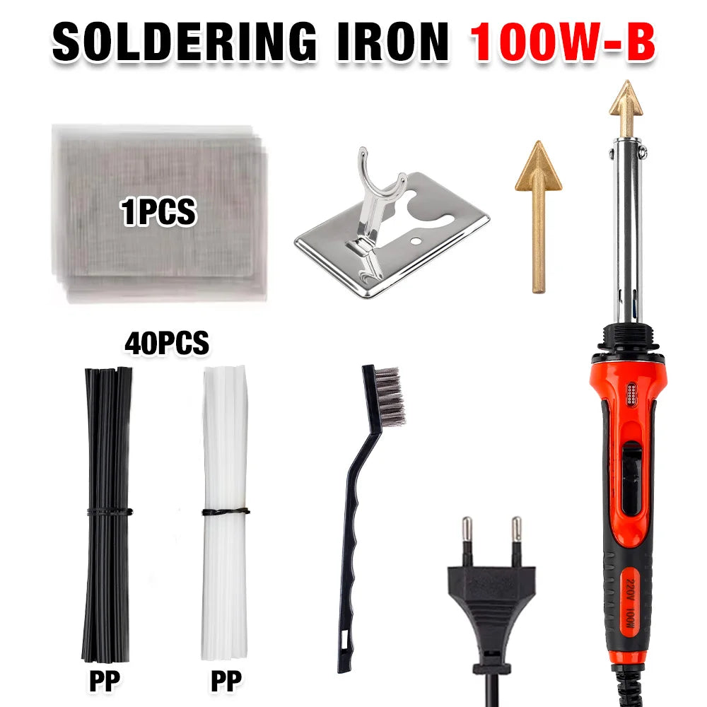 Set of soldering irons and tools including a 100W-B iron, tips, and accessories for repair work