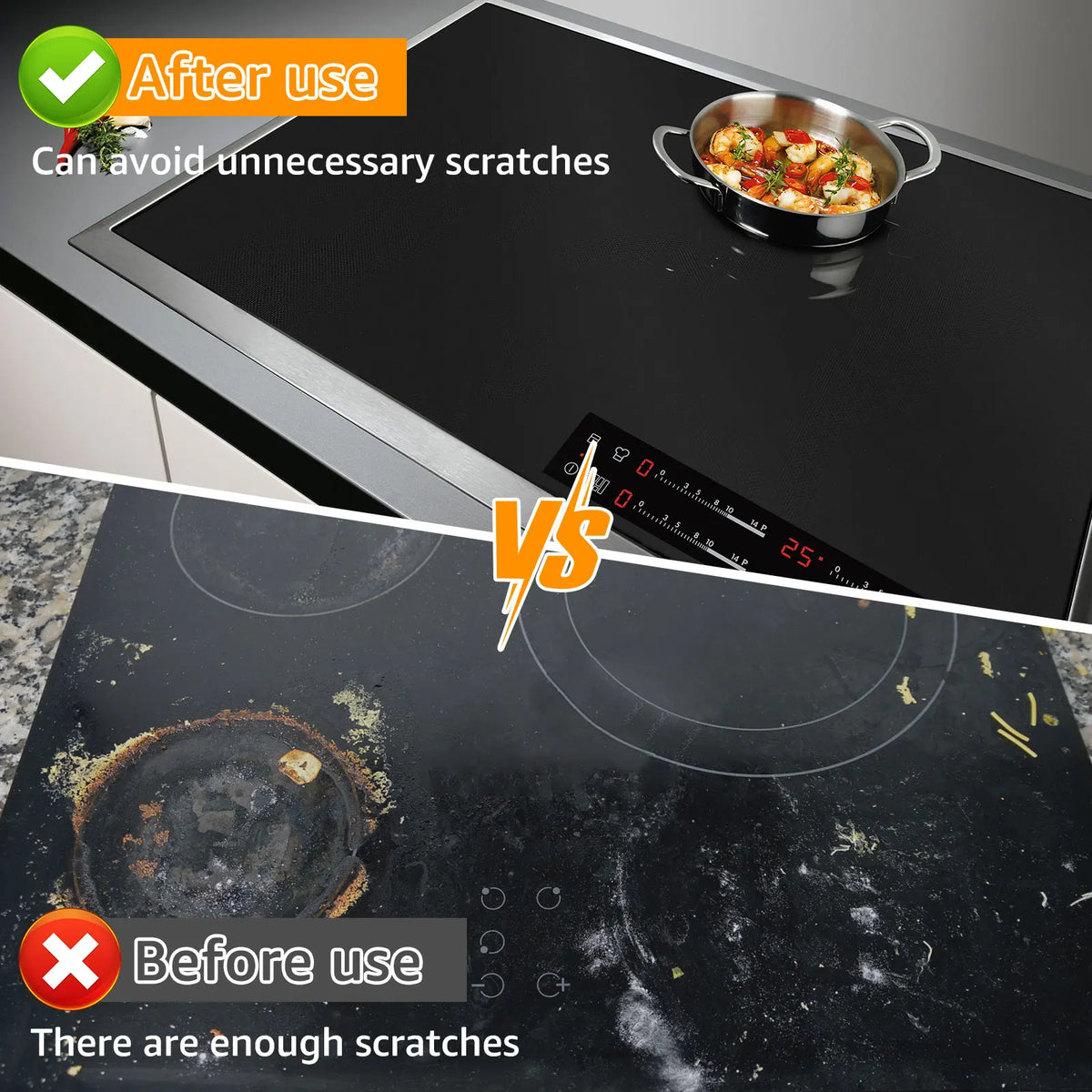 Comparison showing scratches before and after using a silicone stove top protector mat