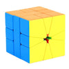 A colorful, translucent cube puzzle with blue and yellow faces, showing a smooth turning mechanism.