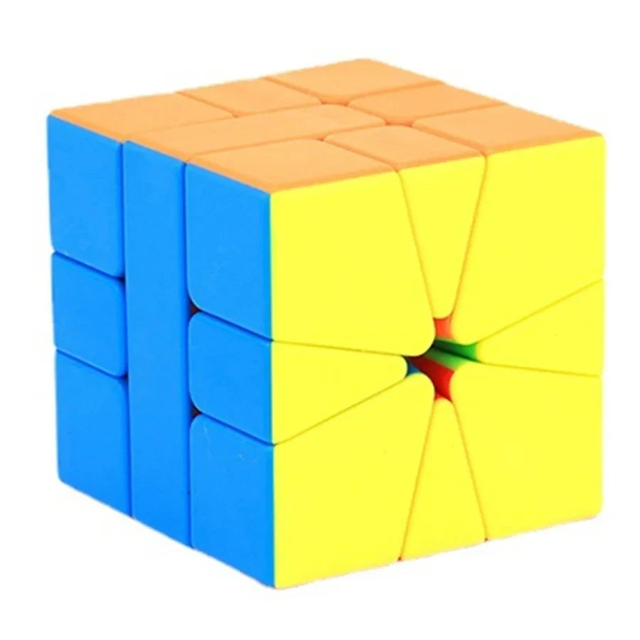 A colorful, translucent cube puzzle with blue and yellow faces, showing a smooth turning mechanism.