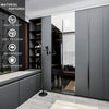 Matte black self-adhesive vinyl wallpaper applied to modern kitchen cabinets and countertops.