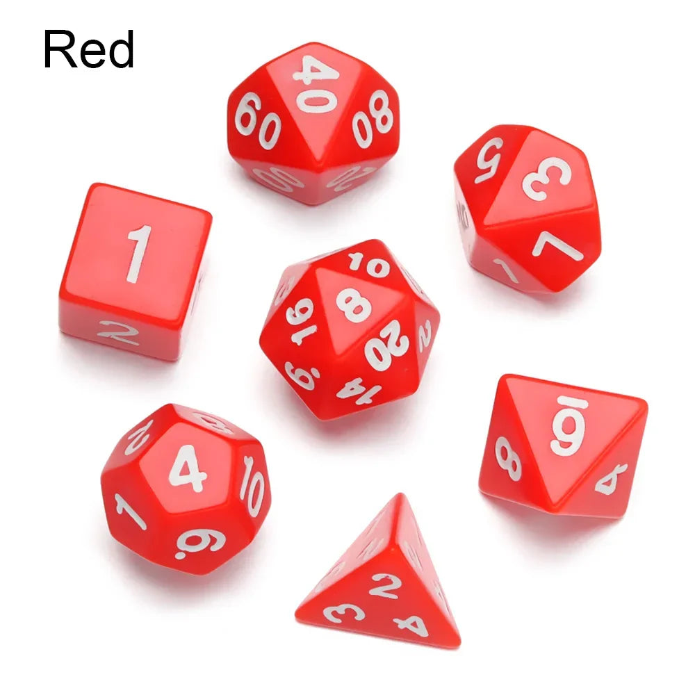 A set of red polyhedral dice including a d4, d6, d8, and d10.