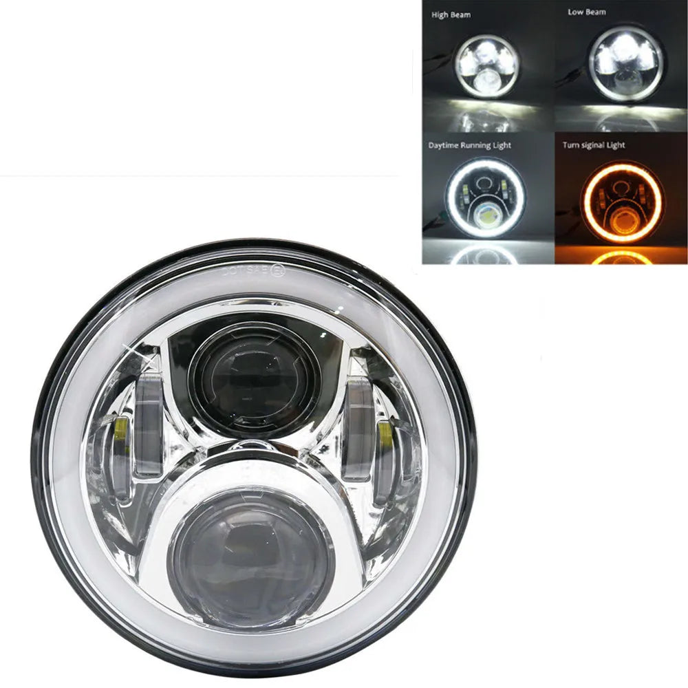 A clear 7-inch motorcycle LED headlight assembly showing various light modes including high beam, low beam, daytime running l