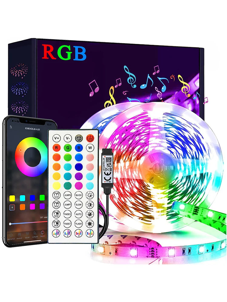 An RGB LED strip light, a CD, and a smartphone displaying an interface for music synchronization.