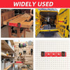 A yellow tool storage rack showing widely used red battery holders for power tools.