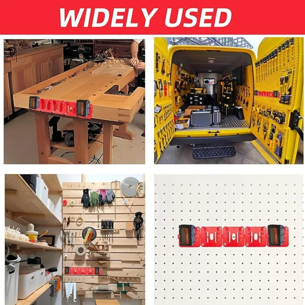 A yellow tool storage rack showing widely used red battery holders for power tools.