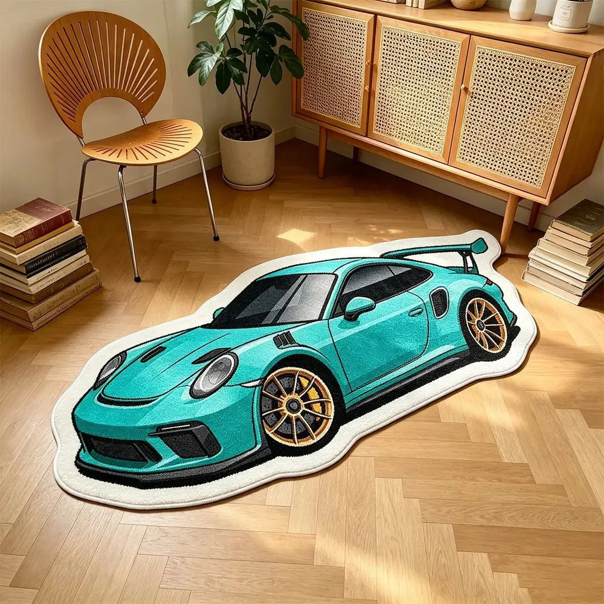 A car-shaped non-slip play rug for kids' bedrooms featuring a teal sports car design on a light wood floor.