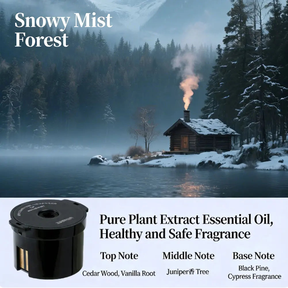 A black smart car diffuser is shown with essential oils listed as top, middle, and base notes.