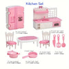A pink kitchen set dollhouse furniture including a refrigerator, sink, and various cooking utensils.