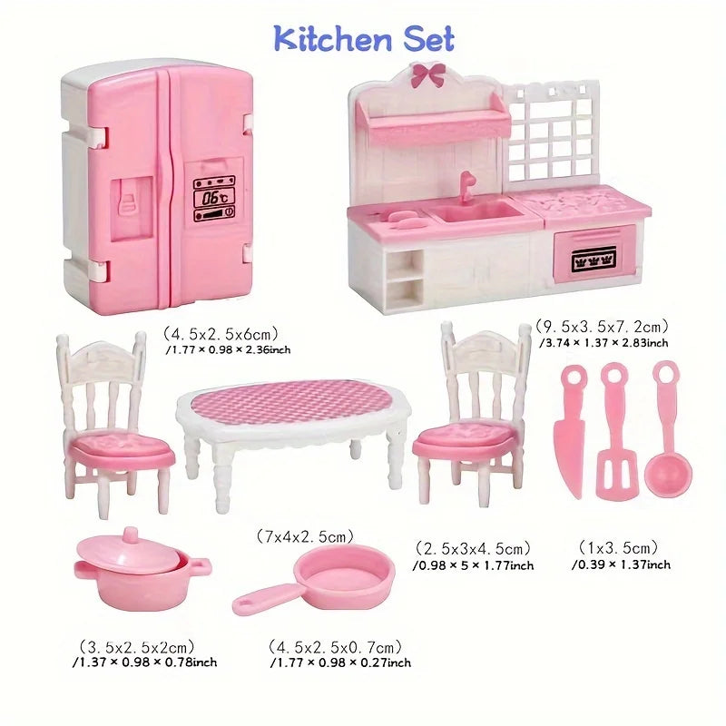 A pink kitchen set dollhouse furniture including a refrigerator, sink, and various cooking utensils.