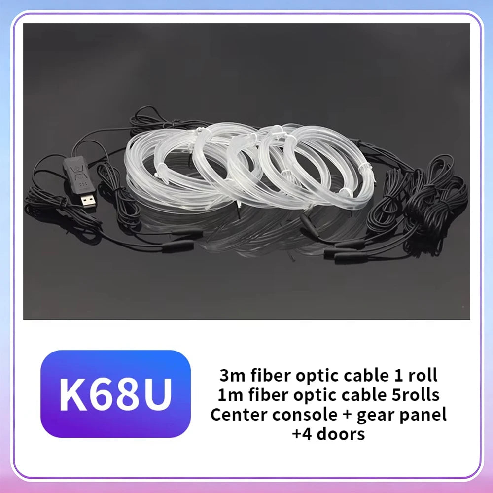 A roll of 3m fiber optic cable and 1m fiber optic cable shown for center console, gear panel, and four doors.