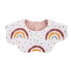 A white baby bib made of muslin cotton featuring a rainbow pattern in brown, yellow, and green colors.