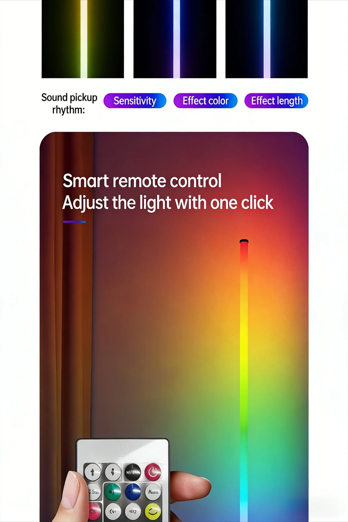 A hand holds a smart remote control for adjusting an RGB LED corner floor lamp.