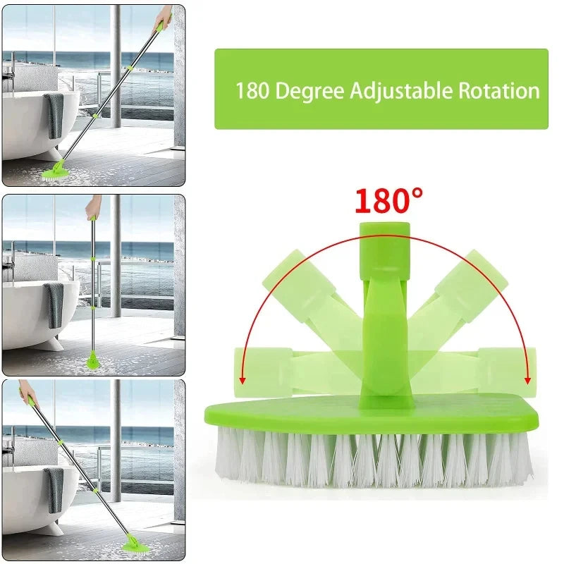 A green retractable triangular floor brush with 180 degree adjustable rotation is shown cleaning a tiled floor.