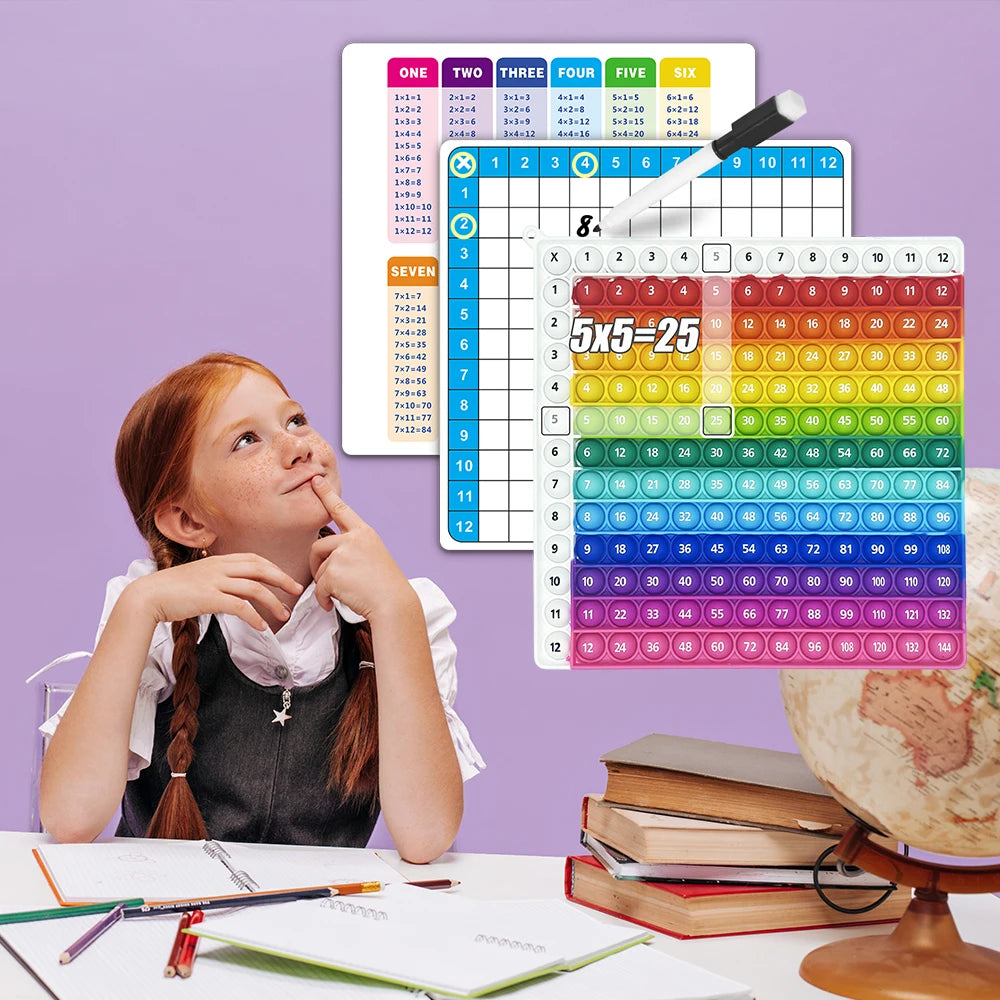 A set of multiplication practice flashcards and a whiteboard with an erasable pen, showing various multiplication facts.