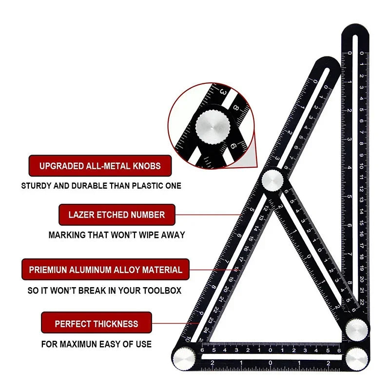 Foldable aluminum angle ruler with locking segments showing various measurements and markings