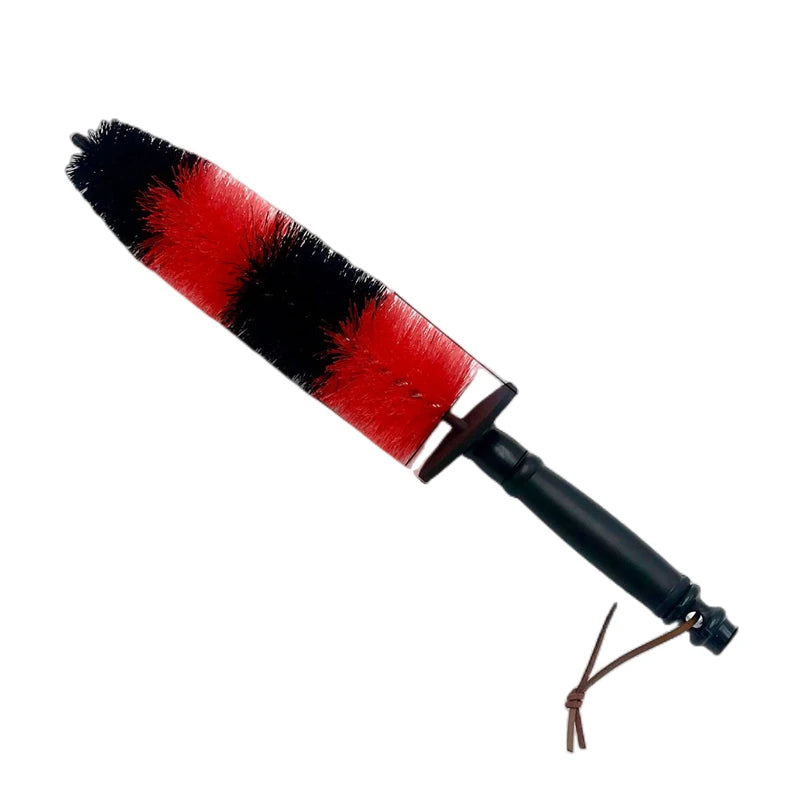 A long reach soft bristle wheel cleaning brush with red and black bristles and a black handle.