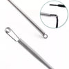 A close-up view of a silver spring drawstring needle threader tool with a long, coiled metal shaft.