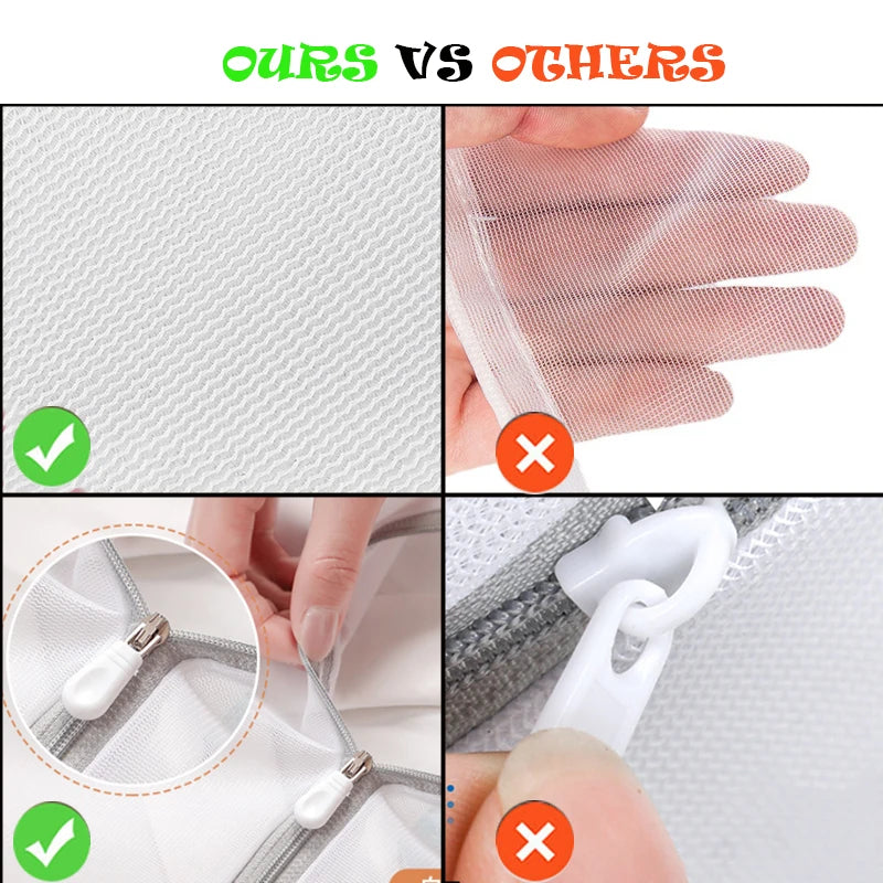 Comparison image showing fine mesh laundry bags for delicates and everyday wash, highlighting features and drawbacks.