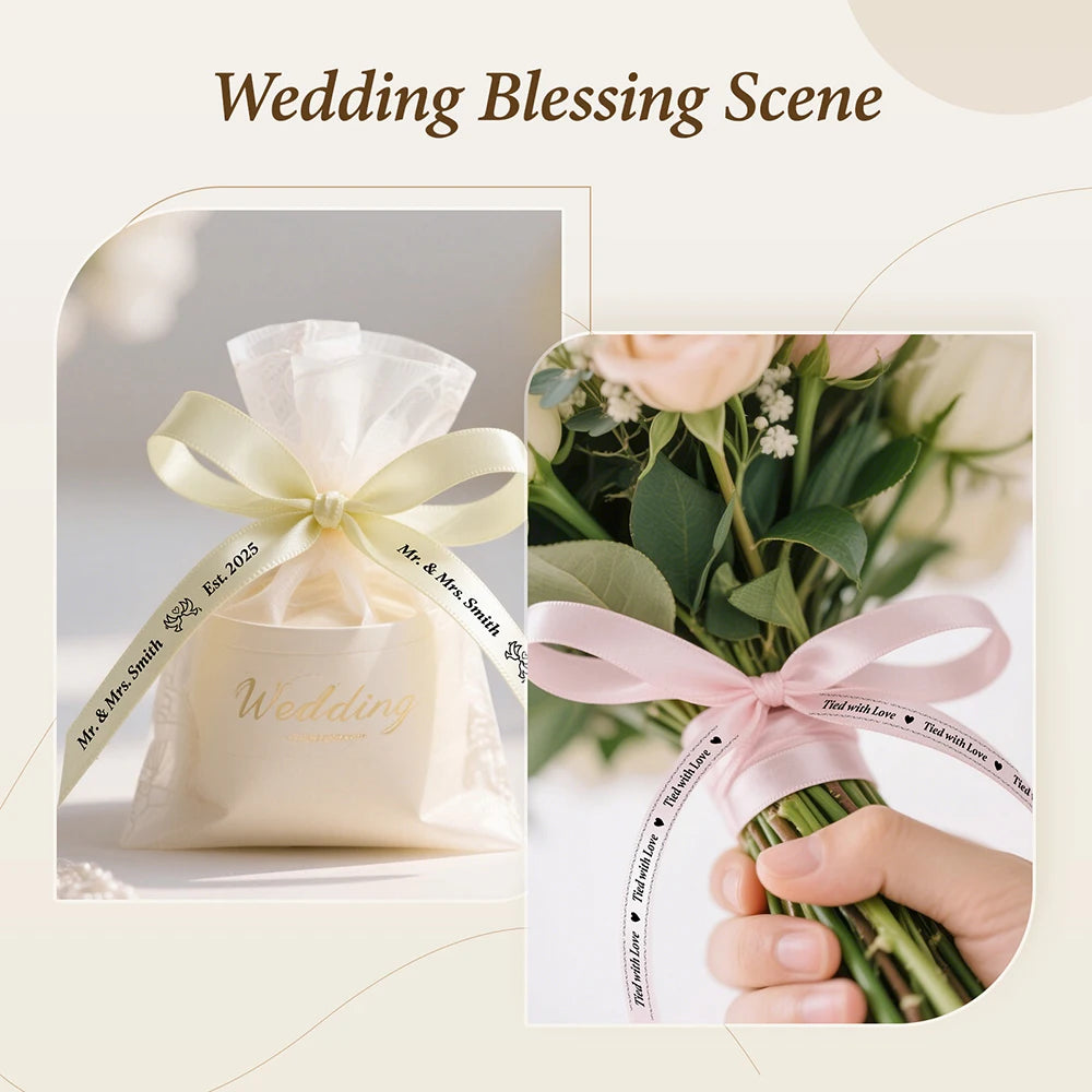 A wedding blessing scene featuring a white satin ribbon tied around a small package and a bouquet of green foliage.