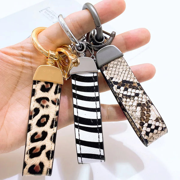 Zebra Print Leather Keychain with Animal Pattern
