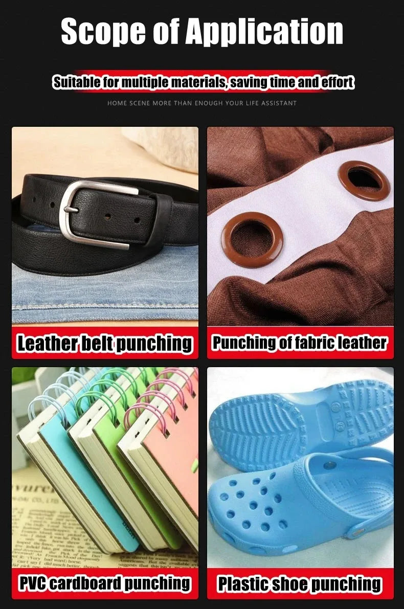 Various tools for punching materials including leather belts, fabric leather, and PVC cardboard.