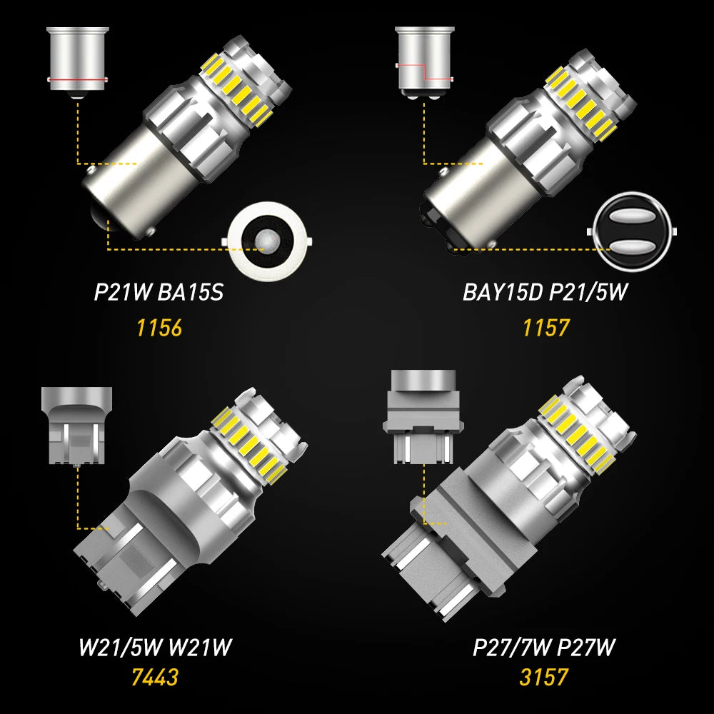A collection of universal LED car bulbs including P21W BA15S, BAY15D P21/5W, W21/5W W21W, and P27/7W P27W bulbs.