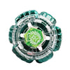 A clear plastic spinning top with a green and silver design inside.