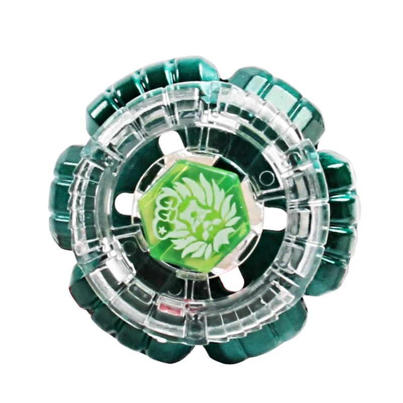A clear plastic spinning top with a green and silver design inside.