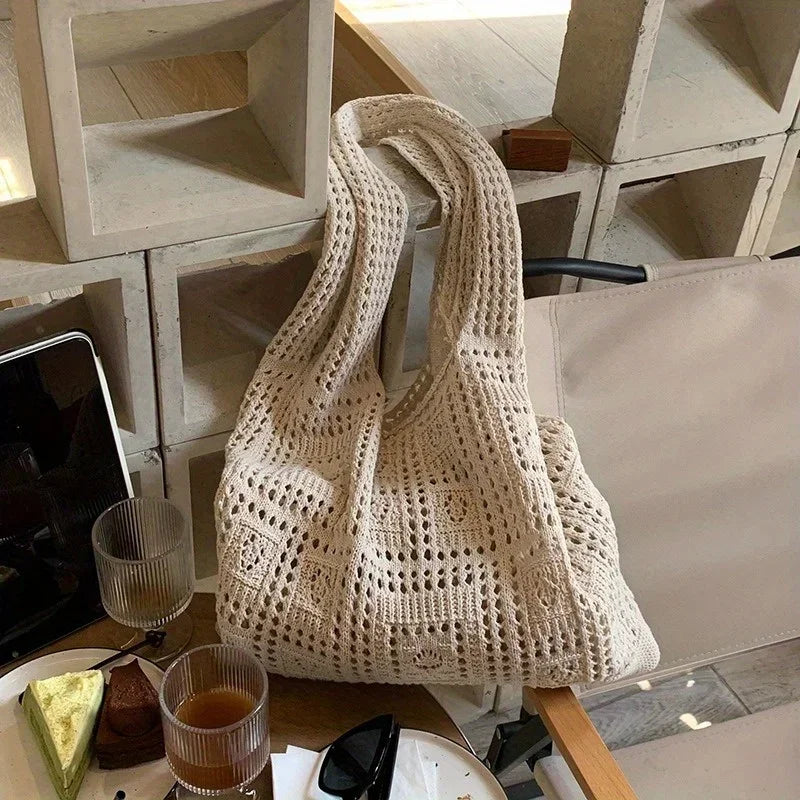 Handwoven Knit Shoulder Bag with Open-Weave Design