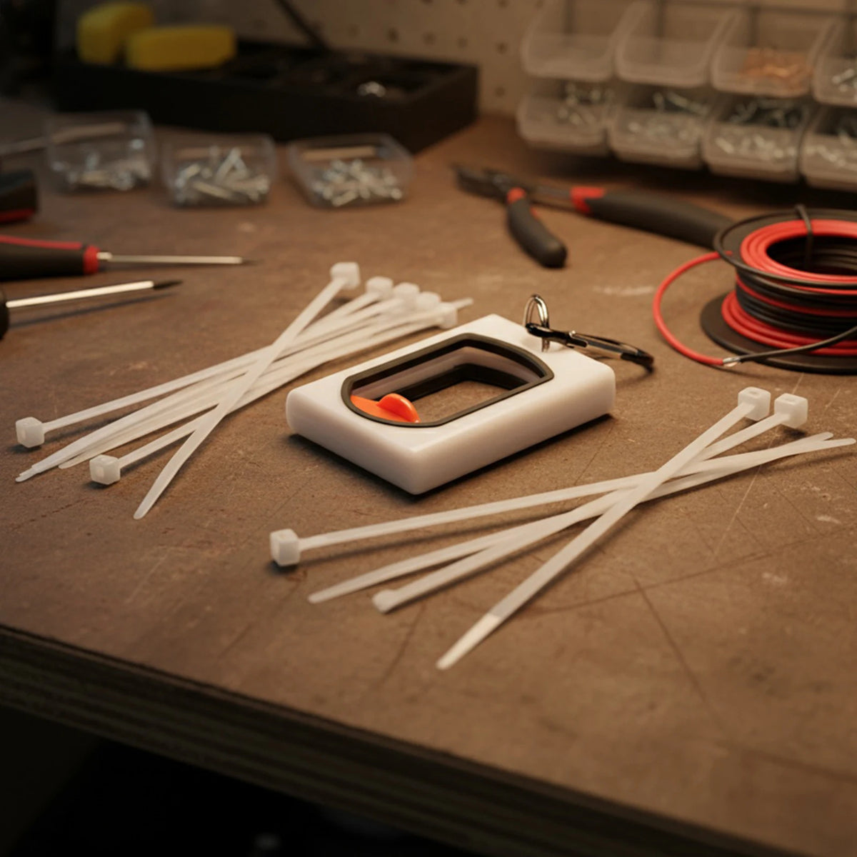 A white glow-in-the-dark cable tie organizer with a carabiner clip and numerous white tie wires are displayed on a dark surfa