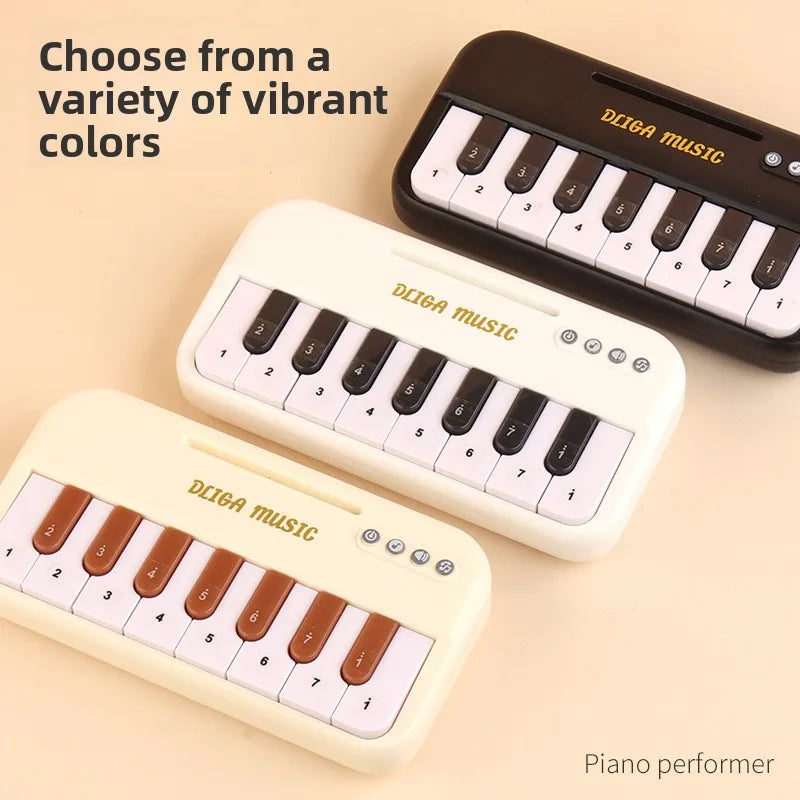 Three white electronic keyboards or piano performers are displayed on a light background.