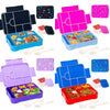 A collection of colorful portable kids lunch boxes with divided compartments and various food items.